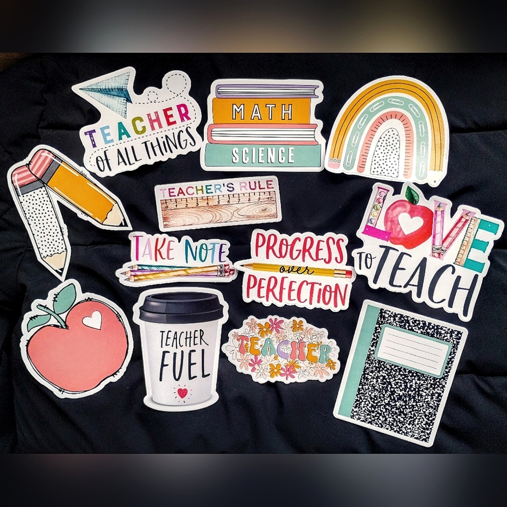 Bundle of 12 colorful teacher themed stickers